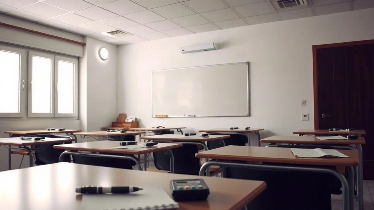 Imagen ilustrativa: aula vacía de un centro de formación de adultos con pupitres y pizarra.