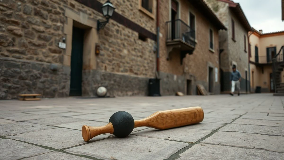 Imagen ilustrativa: una calle empedrada con un frontón de pilota y una pelota en el suelo, en un entorno urbano tradicional.