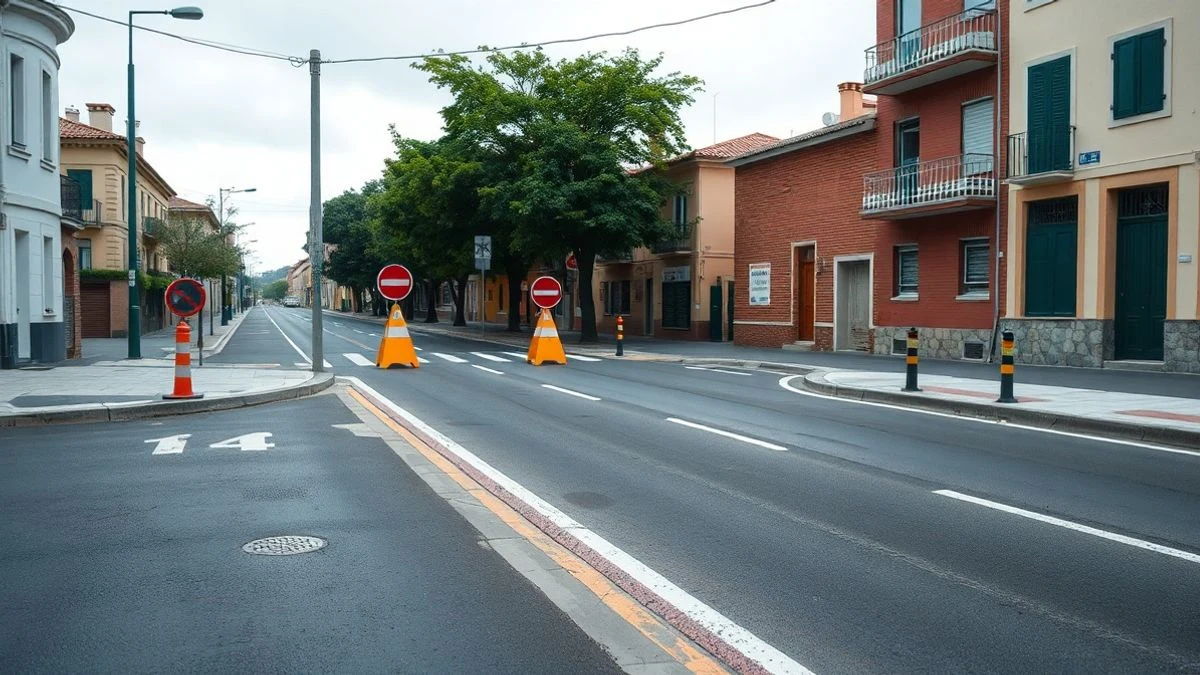 Imagen ilustrativa: calle recién asfaltada con señales viales y un edificio municipal al fondo.