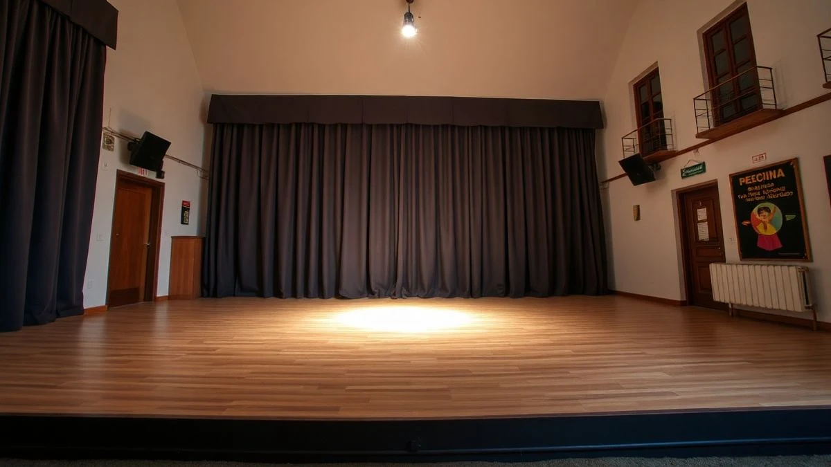 Imagen ilustrativa: un escenario vacío en un centro cultural municipal, con una luz cenital y cortinas entreabiertas.