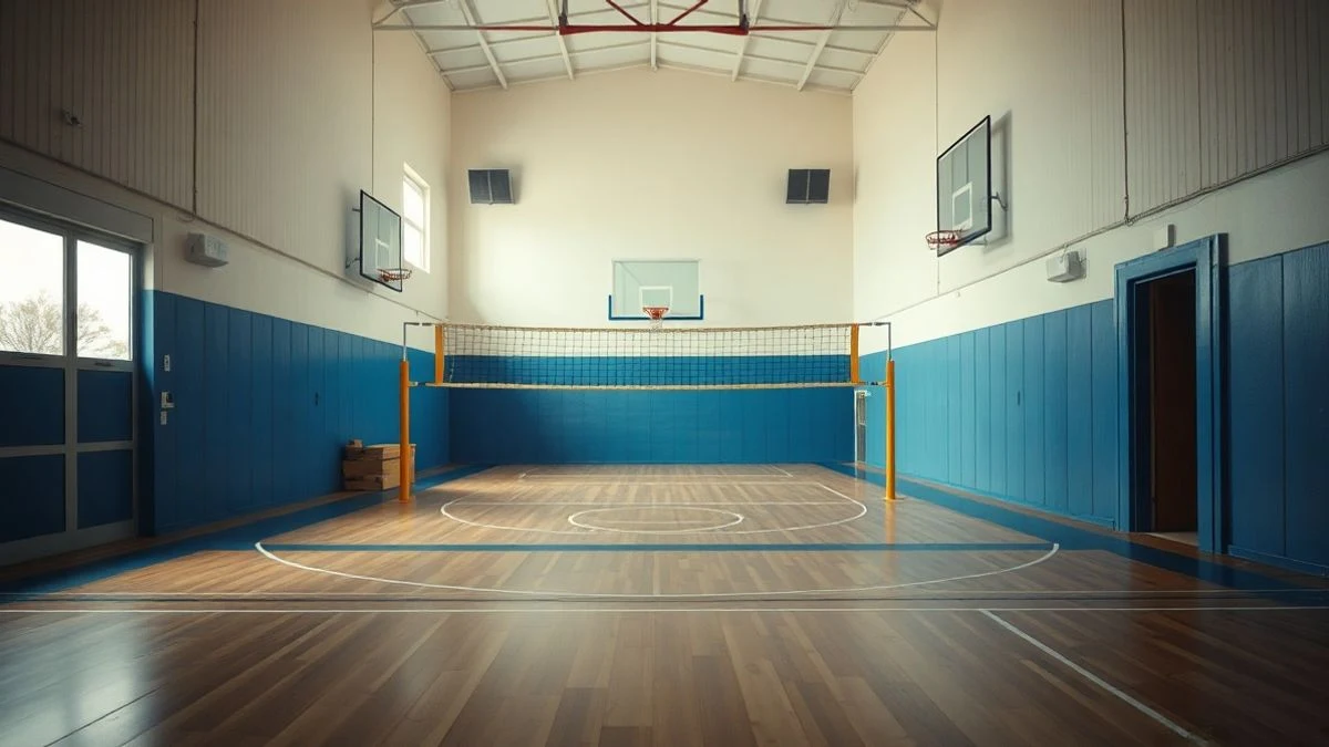 Imagen ilustrativa: pista polideportiva cubierta vacía con luz lateral de ventanas.