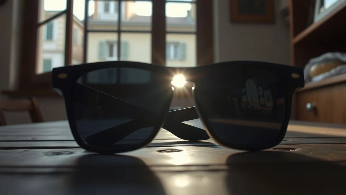 Imagen ilustrativa: gafas de eclipse sobre una mesa de madera con un reflejo del sol en la lente.