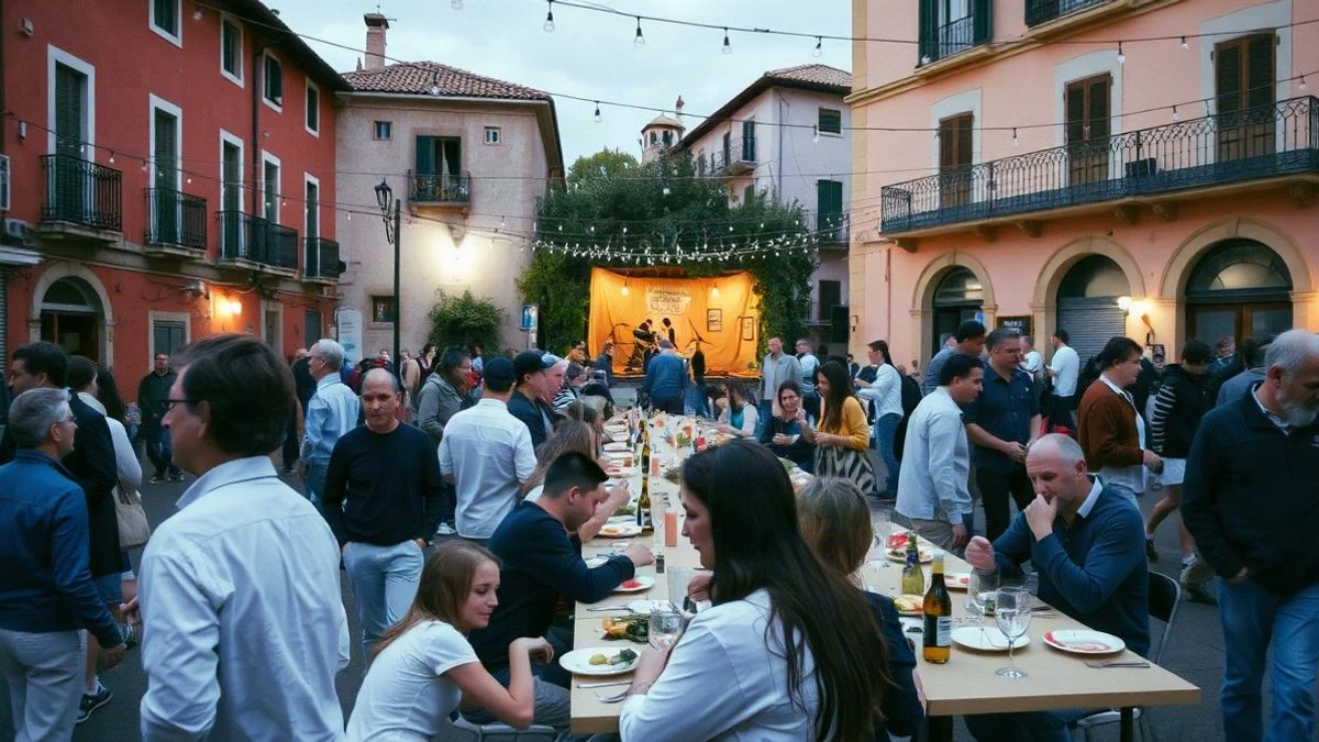 Imagen ilustrativa: plaza con mesas largas y luces para una cena popular al aire libre.