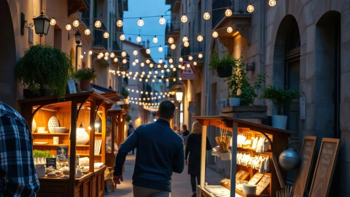 Imagen ilustrativa: un mercado medieval al aire libre con puestos de artesanía y luces cálidas al anochecer.