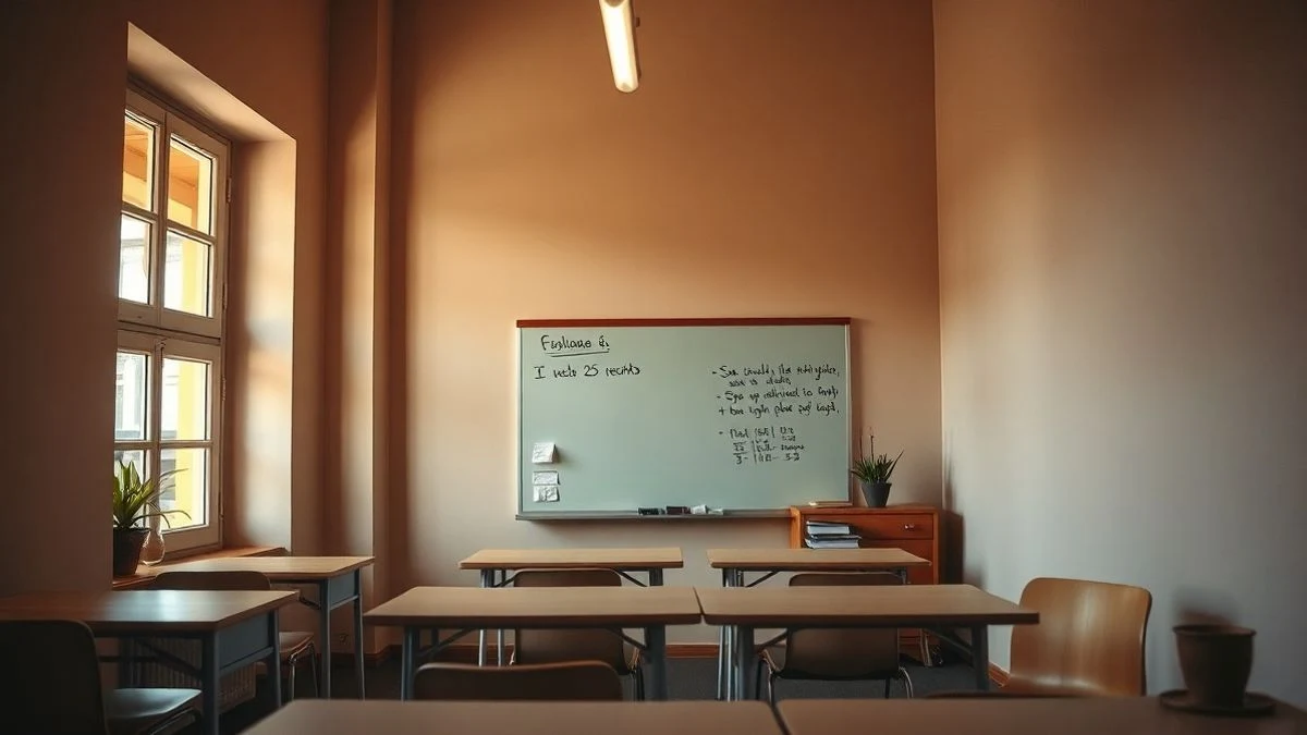 Imagen ilustrativa: un aula municipal con pupitres y una pizarra, con una planta en la ventana