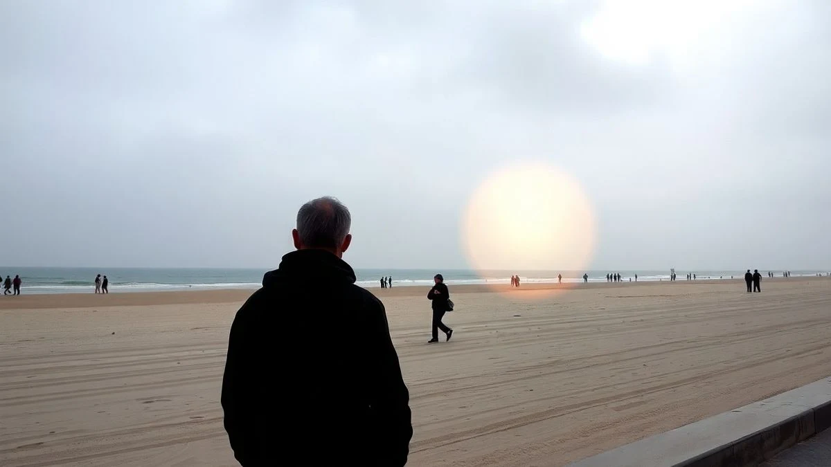 Imagen ilustrativa: una playa mediterránea con algunas personas lejanas y un cielo nublado con un halo solar difuso