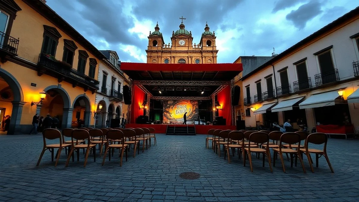 Imagen ilustrativa: una plaza española con un escenario festivo y sillas vacías, con decoración de fondo.