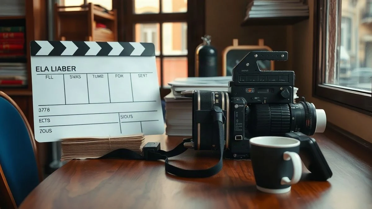 Imagen ilustrativa: una claqueta y una cámara de cine vintage sobre una mesa de madera en un centro cultural.