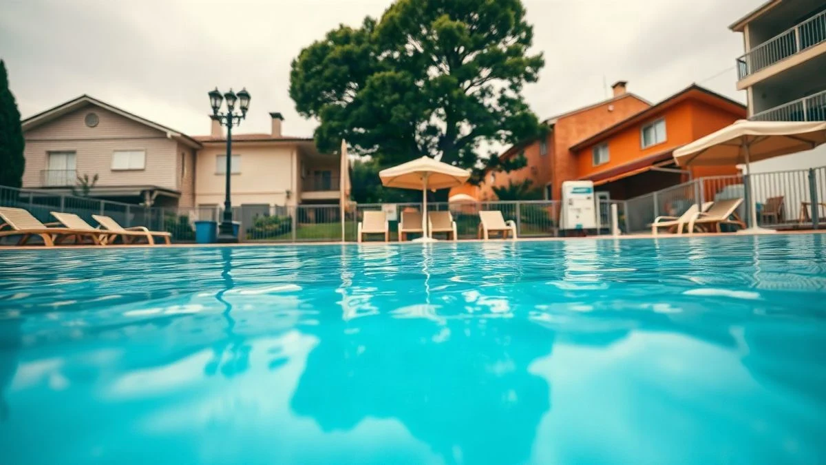 Imagen ilustrativa: piscina municipal vacía con agua azul bajo un sol intenso, sin personas.