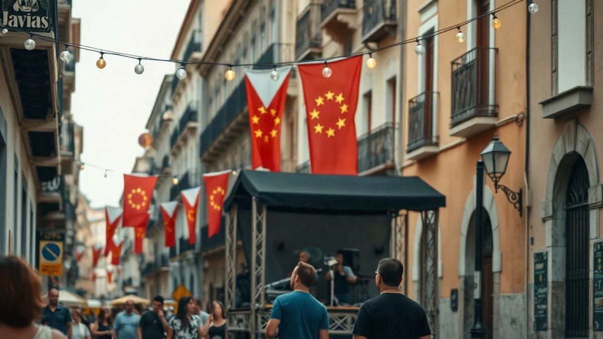 Imagen ilustrativa: calle engalanada con banderines y luces, con un escenario y gente bailando de fondo