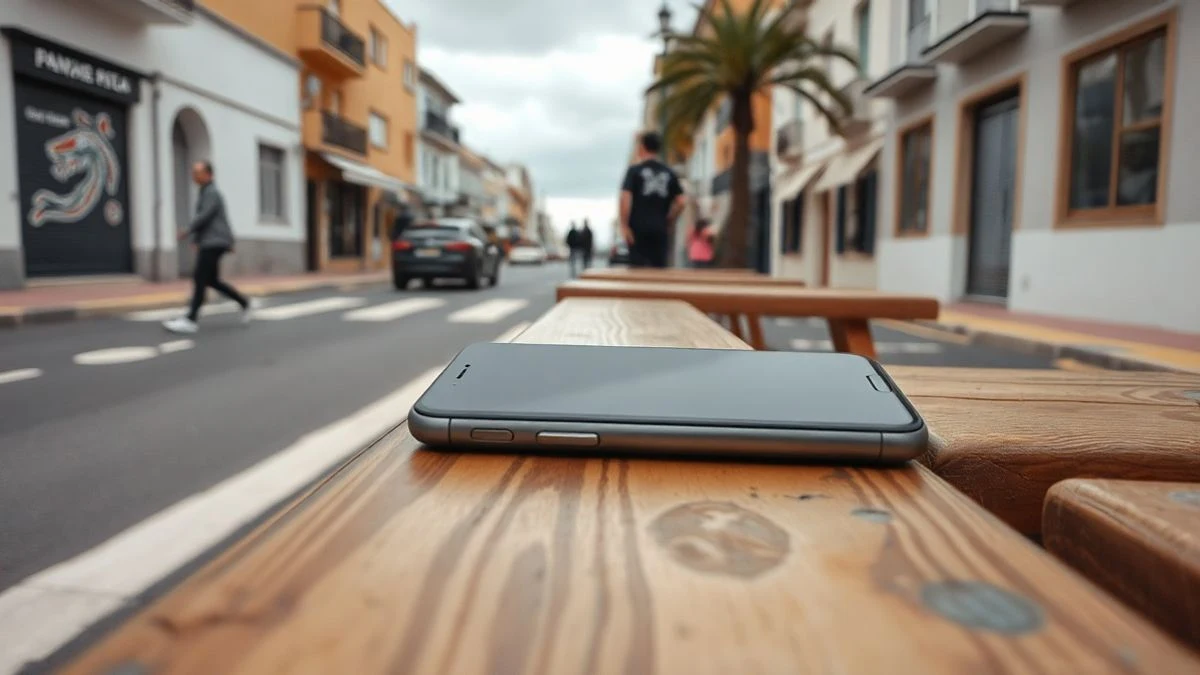 Imagen ilustrativa: un teléfono móvil sobre un banco en una calle costera con edificios bajos y cielo nublado.