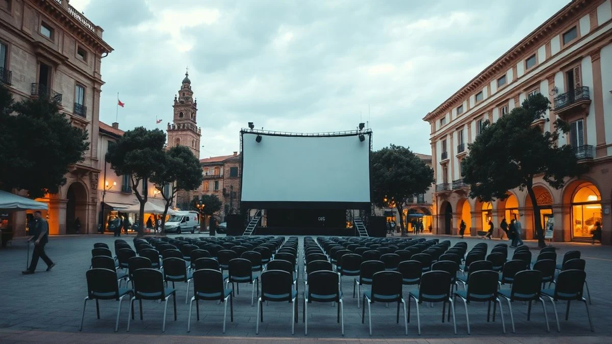 Imagen ilustrativa: pantalla de cine al aire libre en una plaza española, con sillas vacías y edificios de fondo.