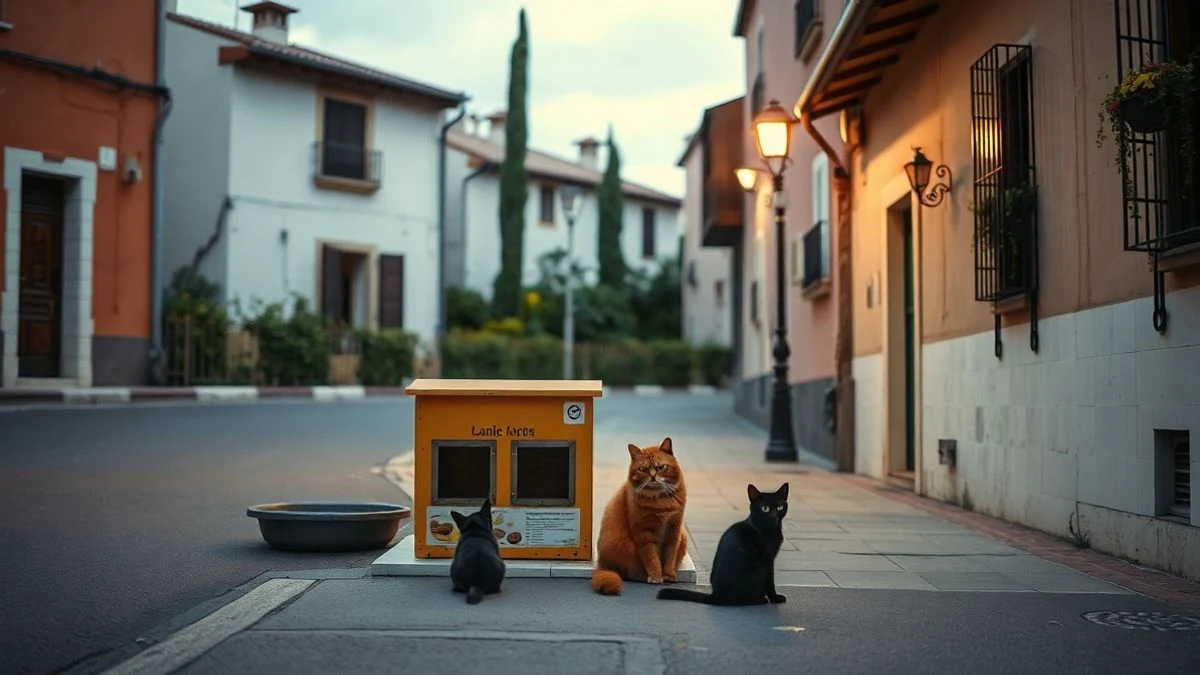 Imagen ilustrativa: gatos en una calle de un pueblo español al anochecer, junto a una caseta de alimentación bajo una farola.