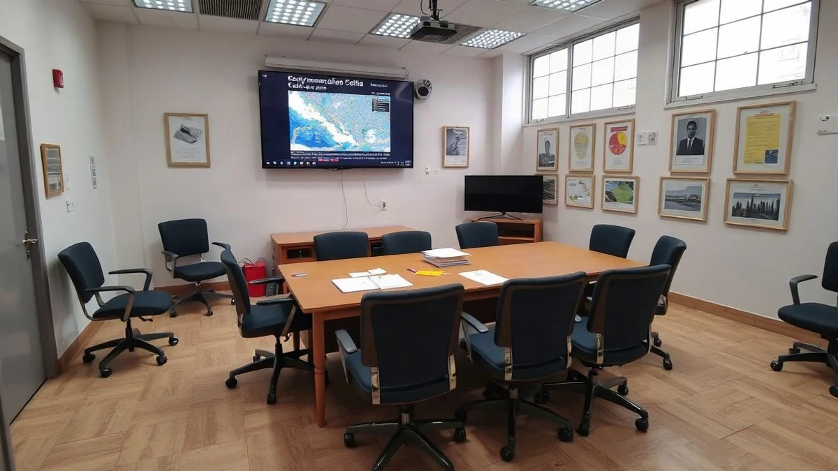 Imagen ilustrativa: sala de coordinación de emergencias con mesa y mapas meteorológicos en una pantalla.