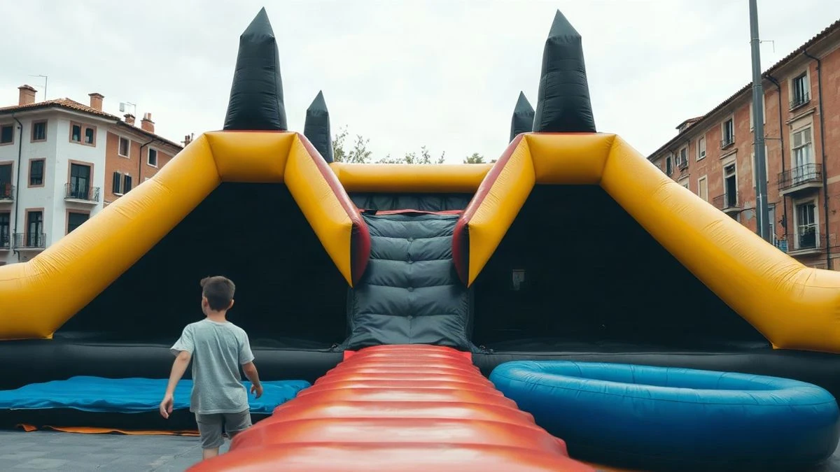 Imagen ilustrativa: un gran tobogán acuático inflable en una plaza urbana, con el fondo de un museo y juegos infantiles, sin personas.