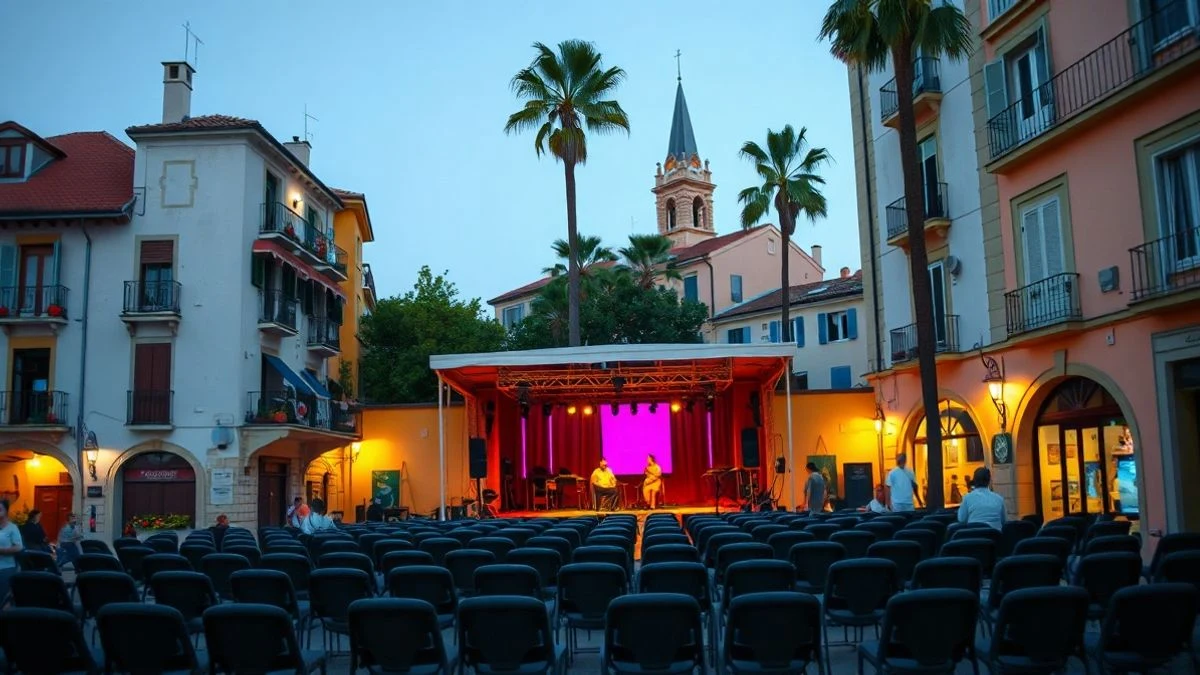 Imagen ilustrativa: escenario al aire libre con luces y sillas vacías en una plaza española durante el verano.