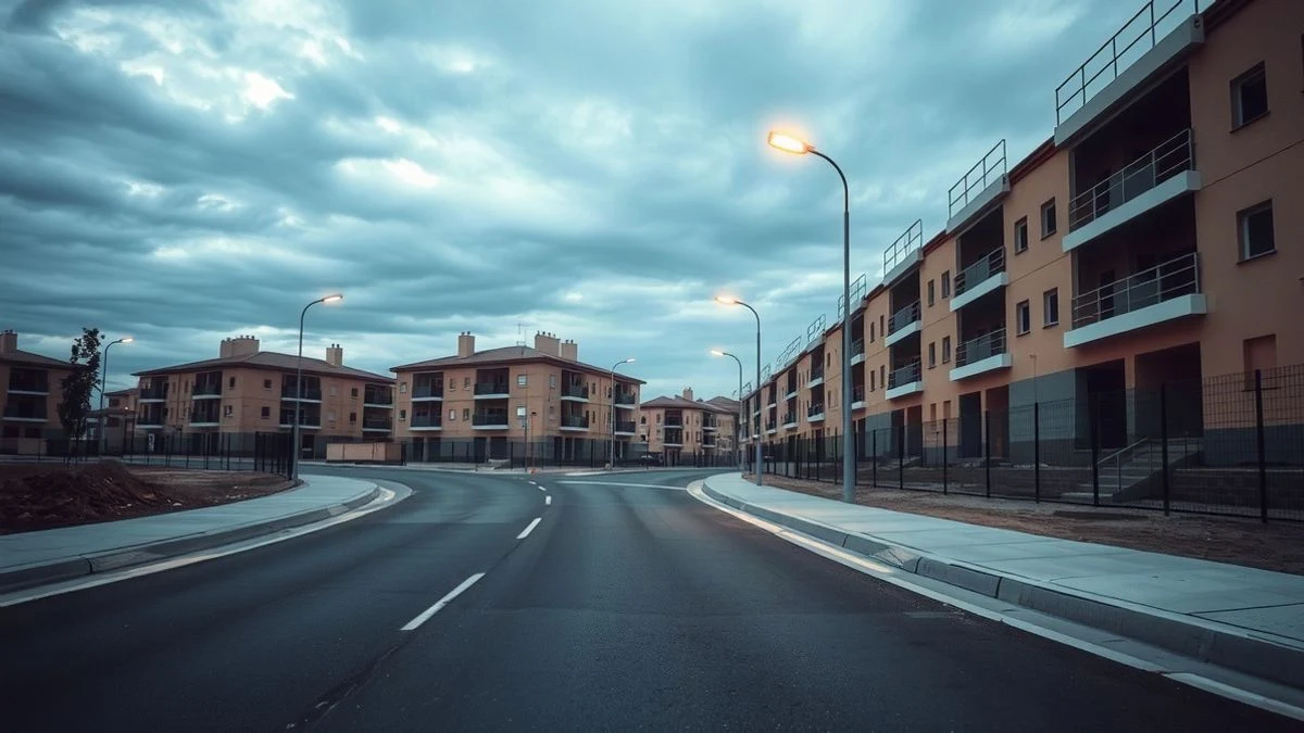 Imagen ilustrativa: obras de urbanización de una nueva zona residencial con farolas encendidas al anochecer