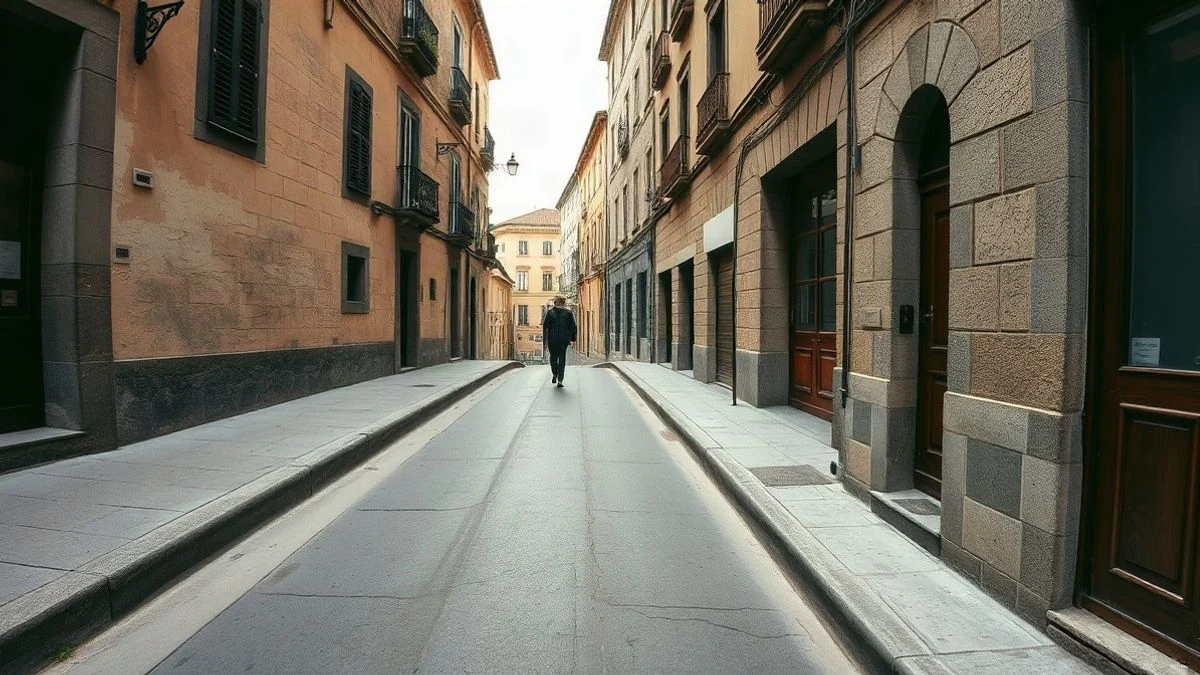 Imagen ilustrativa: calle estrecha y empedrada con edificios antiguos, vacía y con perspectiva, en un día nublado.