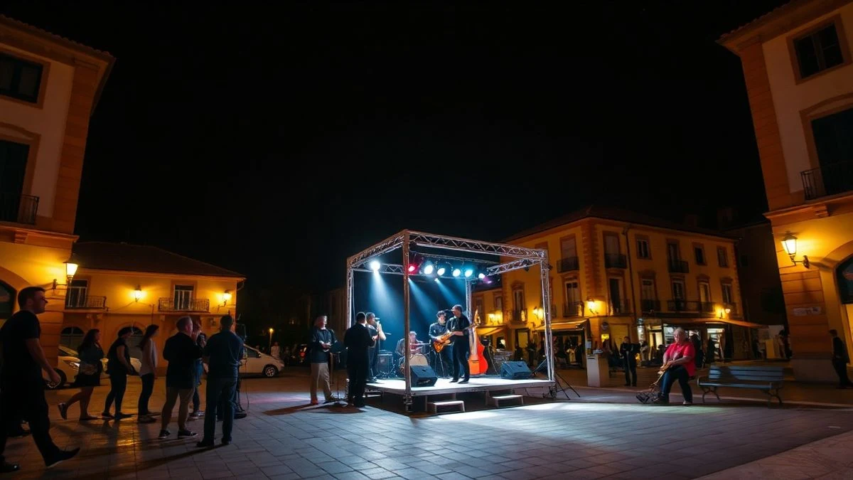 Imagen ilustrativa: concierto al aire libre en una plaza española de noche, con luces artificiales y público de espaldas.
