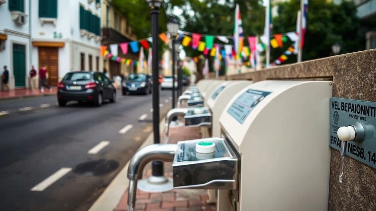 Imagen ilustrativa: fuente pública de agua potable en una calle de una localidad española durante unas fiestas, con ambiente festivo al fondo desenfocado.