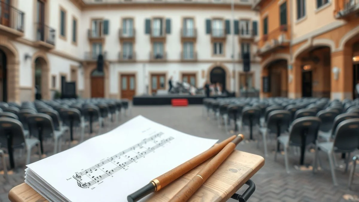 Imagen ilustrativa: una partitura y una batuta sobre un atril de madera en un escenario vacío al aire libre.
