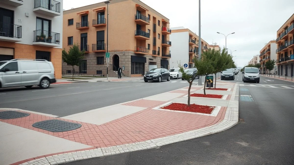 Imagen ilustrativa: esquina de una calle española con aceras renovadas, rebajes y árboles jóvenes, sin personas visibles.