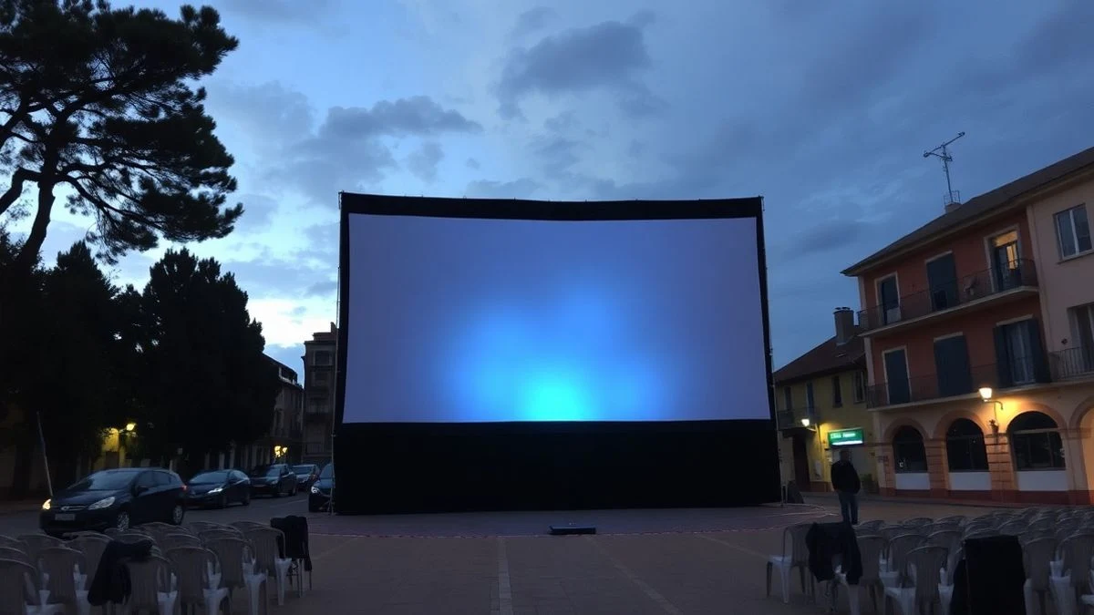 Imagen ilustrativa: pantalla de cine al aire libre en una plaza con sillas vacías, al atardecer.
