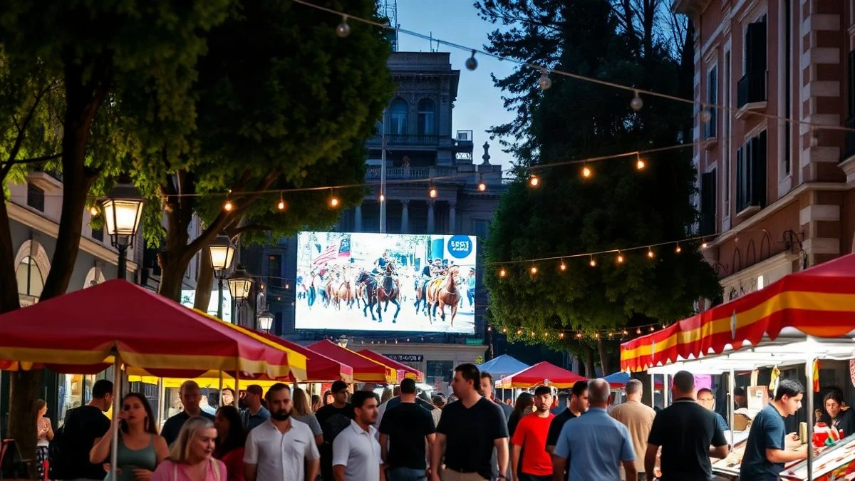 Imagen ilustrativa: un puesto de comida al aire libre con pantalla gigante durante una fiesta popular.