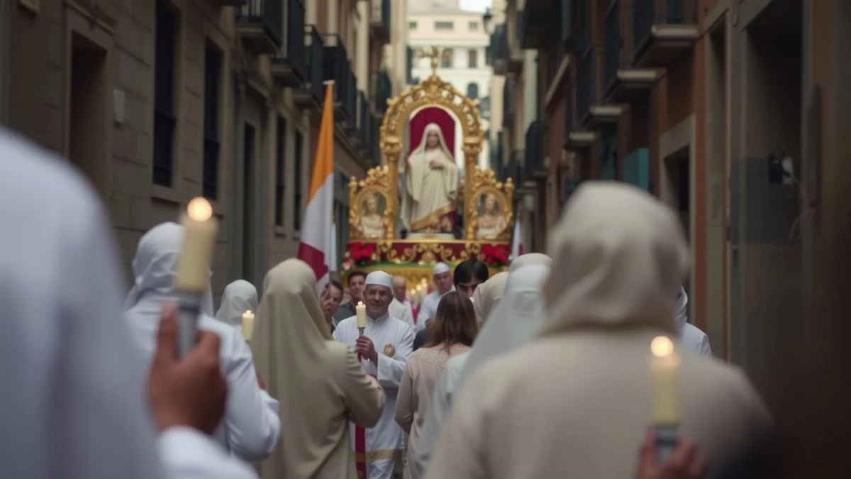 Imagen ilustrativa: procesión religiosa con una imagen del Cristo en una calle empedrada de un pueblo español, con asistentes de espaldas.