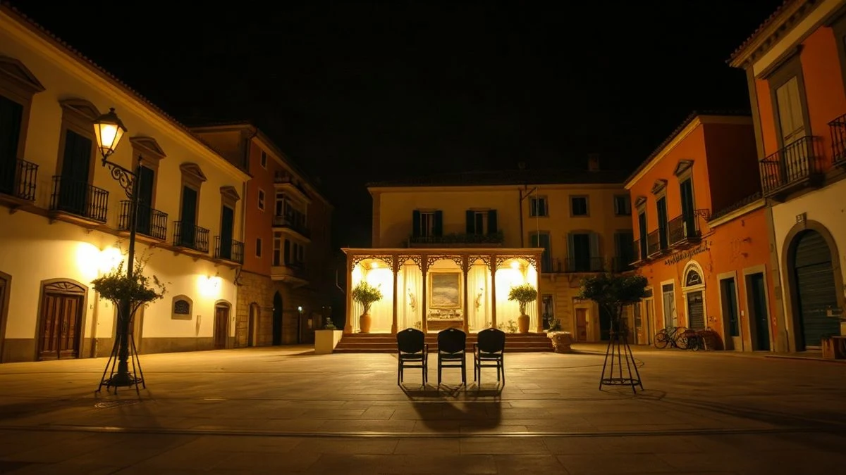 Imagen ilustrativa: plaza de un pueblo con luz nocturna y sillas preparadas para un acto
