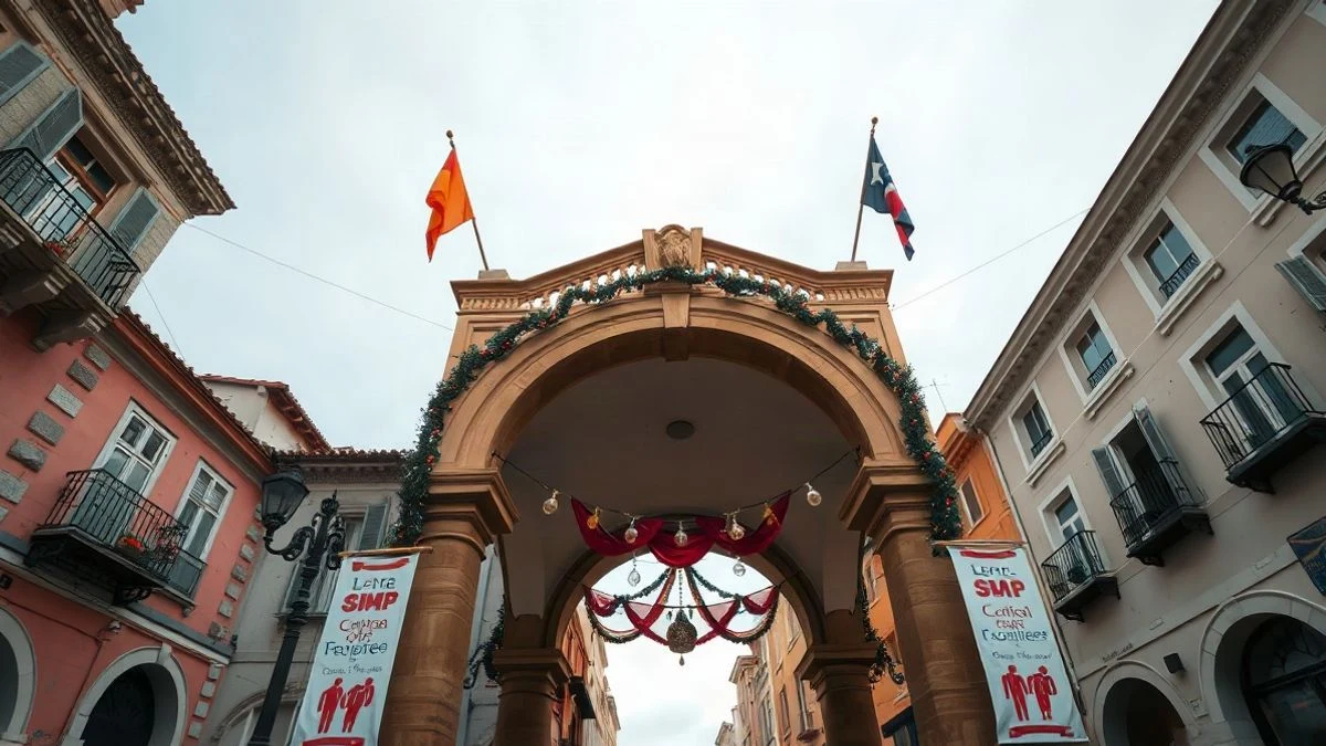 Imagen ilustrativa: un arco decorado con luces festivas en una plaza española, visto desde el suelo con cielo de fondo.