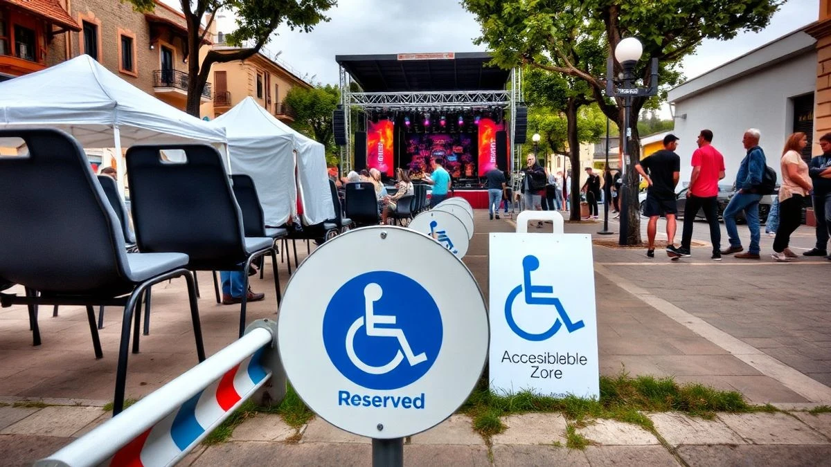 Imagen ilustrativa: zona reservada para personas con movilidad reducida en un recinto de fiestas al aire libre, con valla y asientos vacíos frente a un escenario.