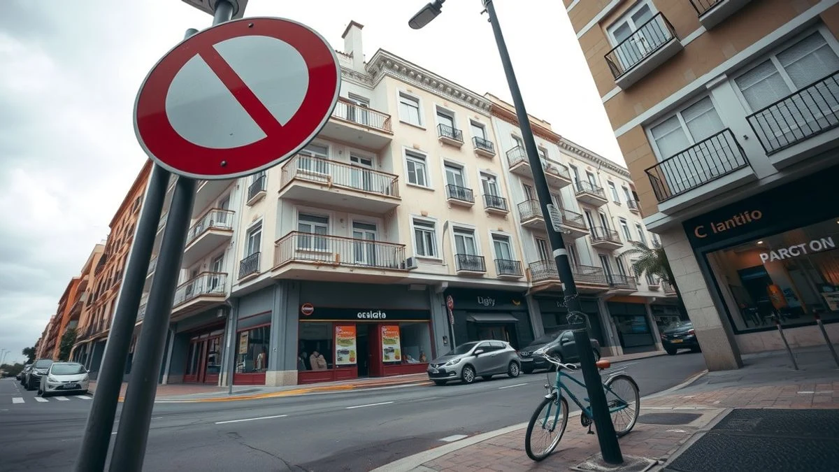 Imagen ilustrativa: señal de tráfico en una calle urbana vacía de una ciudad española, con edificios de viviendas al fondo.