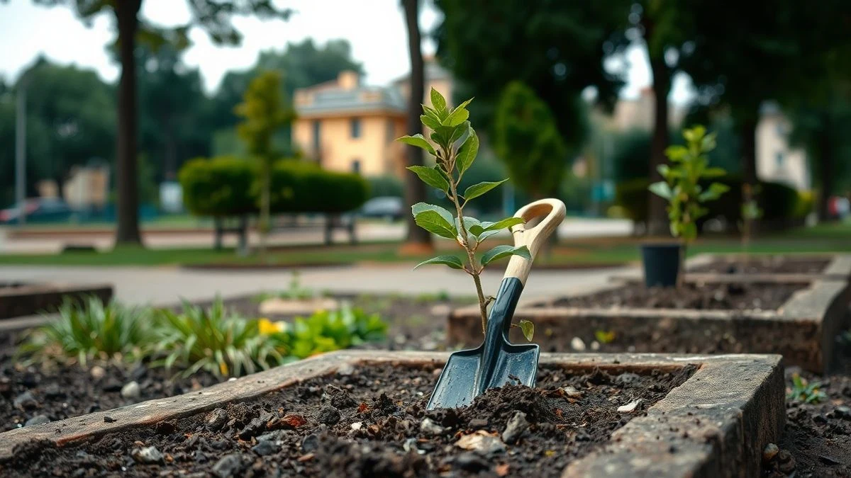 Imagen ilustrativa: un joven árbol recién plantado en un parque municipal, con una pala junto al tronco.