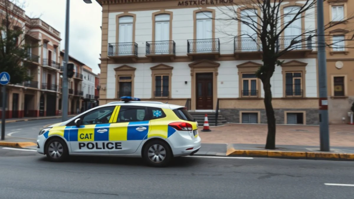 Imagen ilustrativa: una calle tranquila de una localidad española con un coche de policía patrullando, sin personas visibles.
