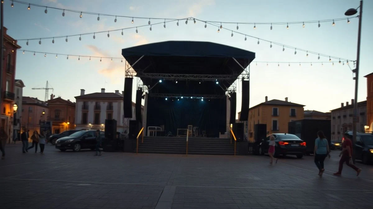 Imagen ilustrativa: una plaza española con un escenario vacío y luces festivas al fondo, tomada desde un plano general.