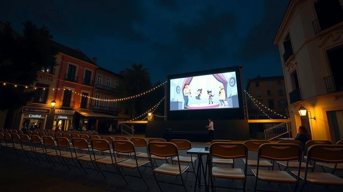 Imagen ilustrativa: pantalla de cine al aire libre iluminada en una plaza, con sillas vacías delante.