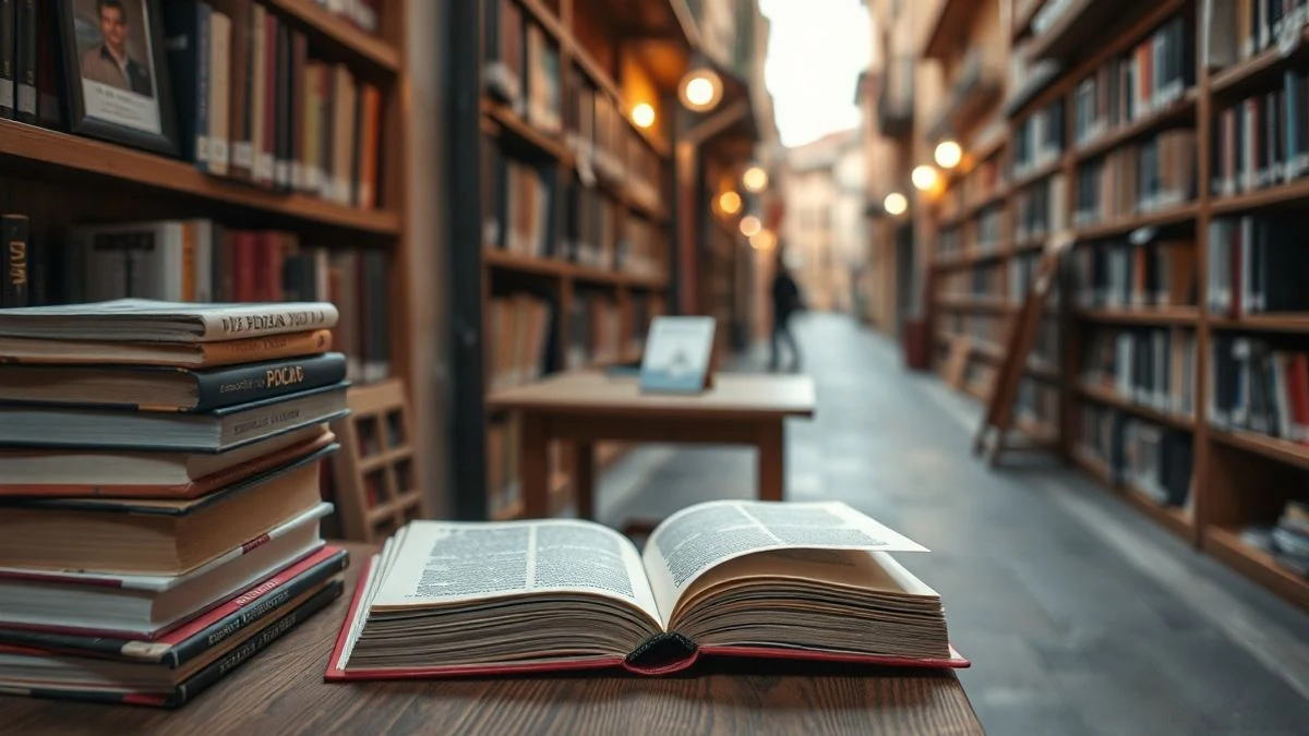 Imagen ilustrativa: un montón de libros sobre una mesa de madera en una biblioteca, con uno abierto y luz suave.