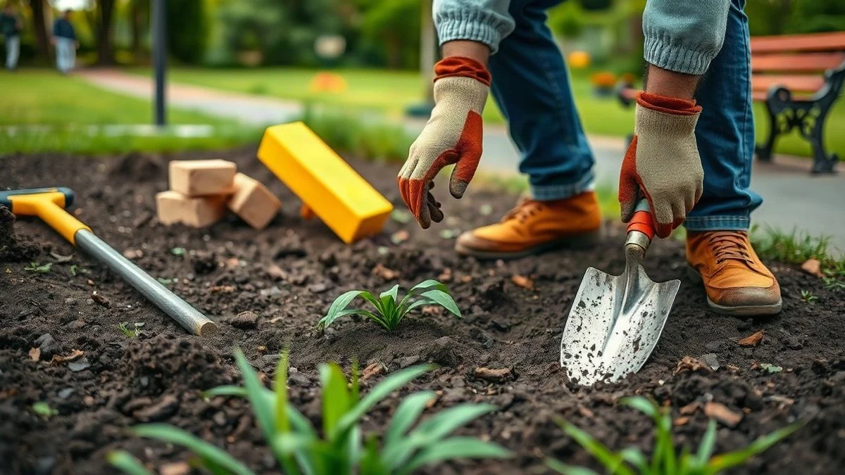 Imagen ilustrativa: manos con guantes de jardinería plantando un arbusto en un parque público con ladrillos y pala cerca.