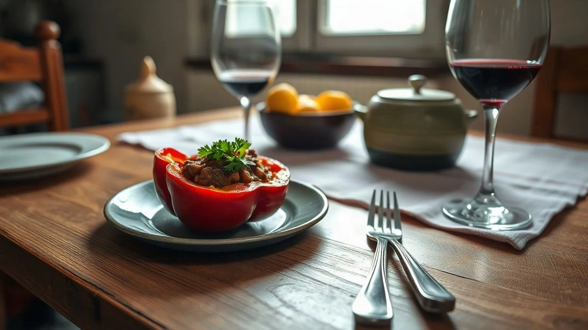 Imagen ilustrativa: plato de pimiento relleno sobre una mesa de madera rústica, con un tenedor y un vaso de vino, en un ambiente de cocina mediterránea.