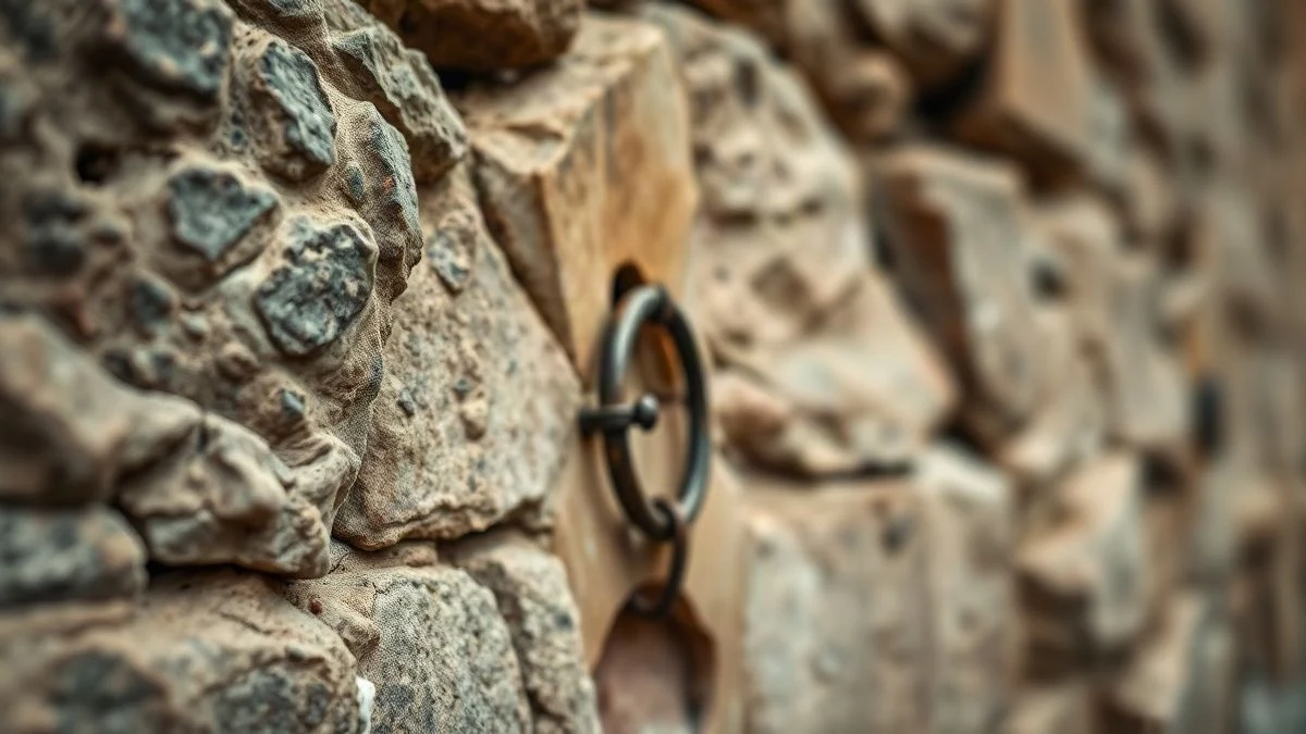 Imagen ilustrativa: detalle de la textura de la piedra de un antiguo castillo con una argolla metálica oxidada.