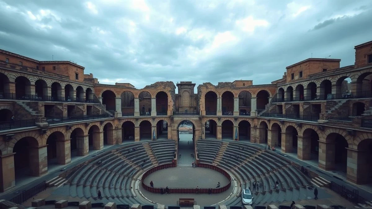 Imagen ilustrativa: vista de un teatro romano antiguo al atardecer, con arcos de piedra y la orquesta semicircular vacía.