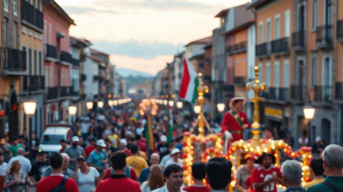 Imagen ilustrativa: Desfile festivo con carrozas y personas disfrazadas en una calle de una ciudad española al atardecer.