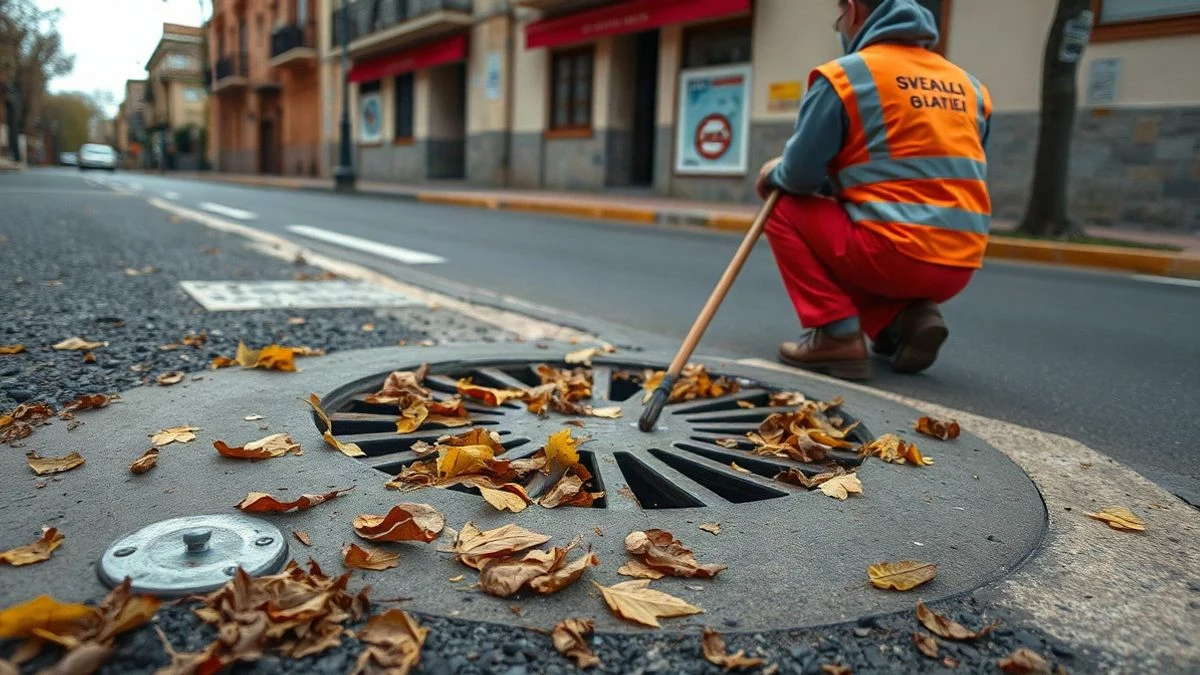 Imagen ilustrativa: un imbornal en una calle de un pueblo español, con hojas acumuladas y un operario de mantenimiento en cuclillas limpiándolo, en un día nublado.