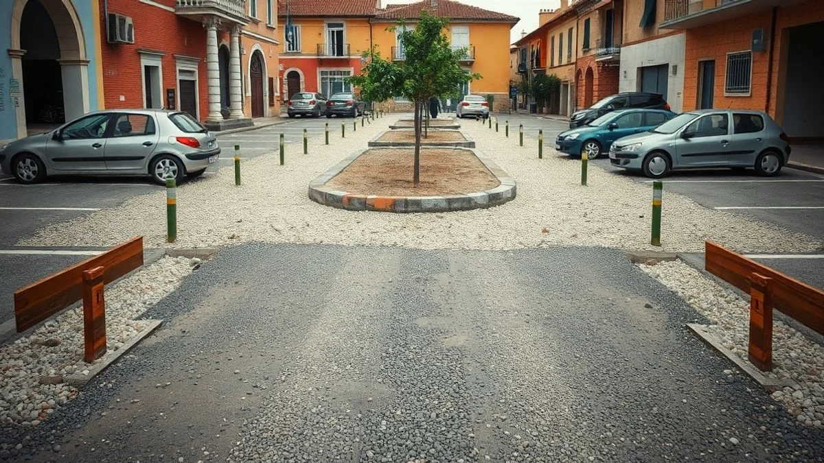 Imagen ilustrativa: aparcamiento público en obras con nuevas vallas de madera y árboles recién plantados en una calle de Alaquàs.