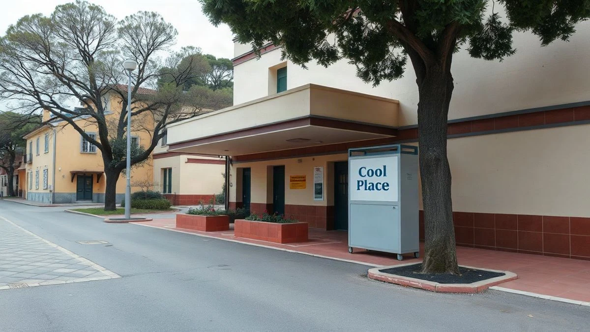 Imagen ilustrativa: entrada de un refugio climático municipal con toldo y árboles en una calle soleada de un pueblo español.