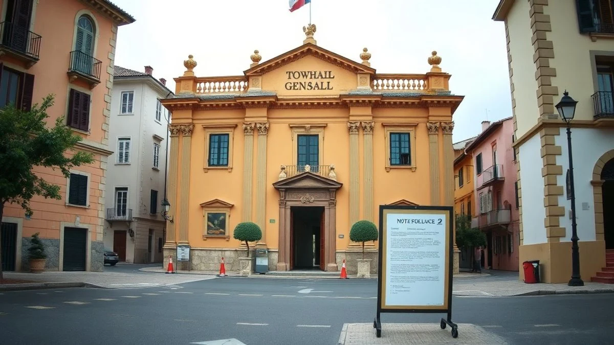 Imagen ilustrativa: fachada de un ayuntamiento genérico con un tablón de anuncios al frente