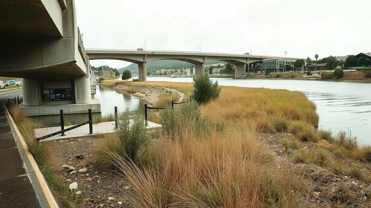 Imagen ilustrativa: cauce seco con vegetación y un puente al fondo en un día nublado.