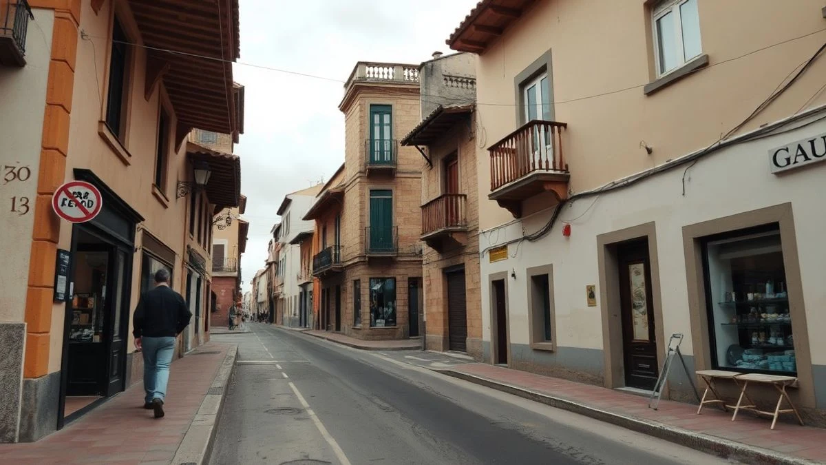Imagen ilustrativa: calle comercial de un pueblo con persianas metálicas, algunas bajadas, en un día nublado.