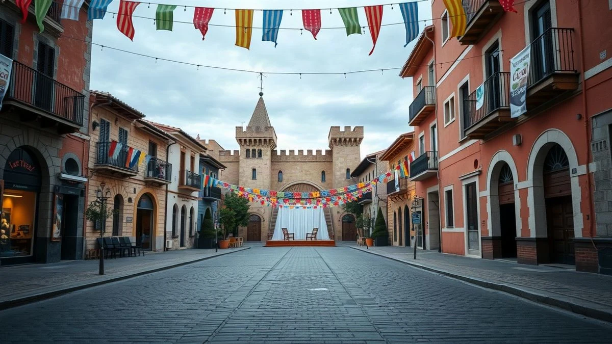 Imagen ilustrativa: calle festiva con luces y banderines, con un castillo medieval de fondo en la plaza